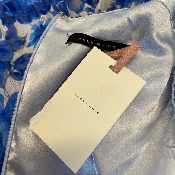 Alex Marie Simone Cobalt Floral Print Puff Sleeve Tiered A-Line V-neck Dress - Picture 7 of 8